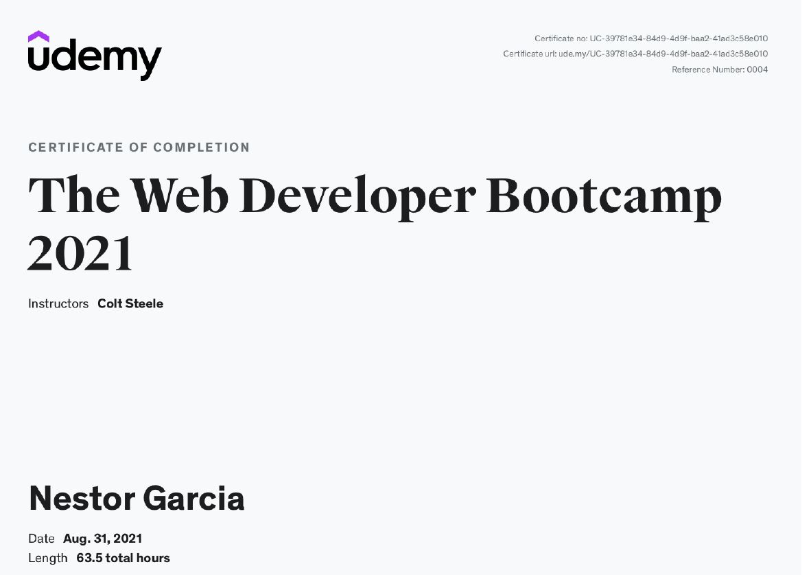 The Web Developer Bootcamp — Udemy, Aug 2021