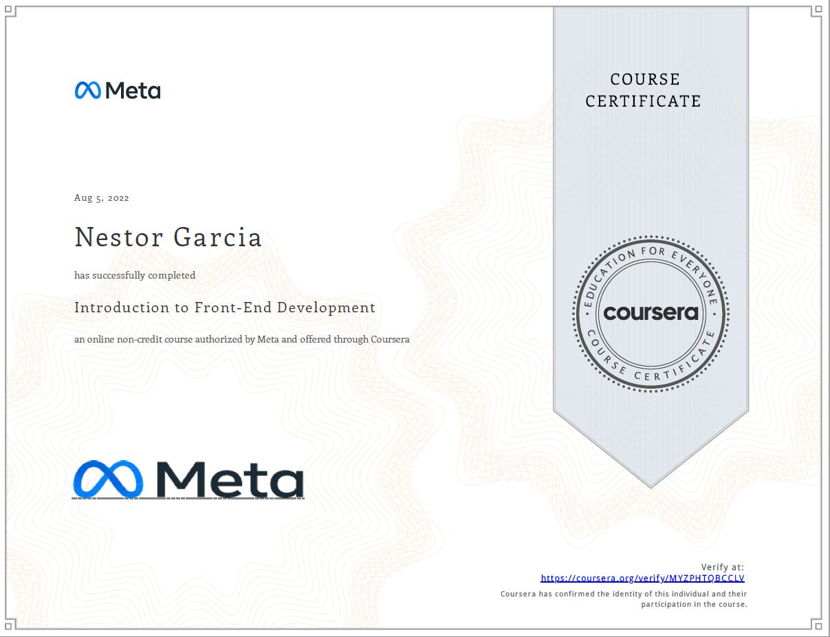 Intro to Front-End Development — Meta / Coursera, Aug 2022